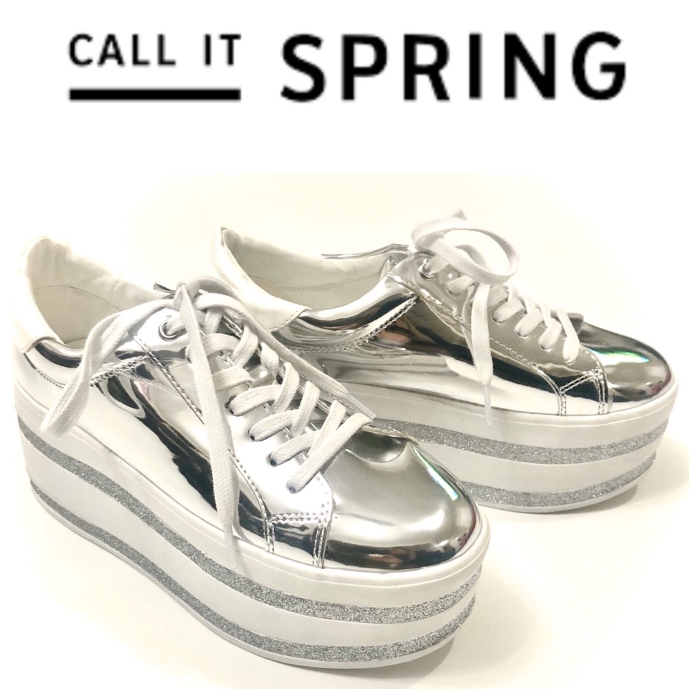 White silver platform fashion sneakers Women